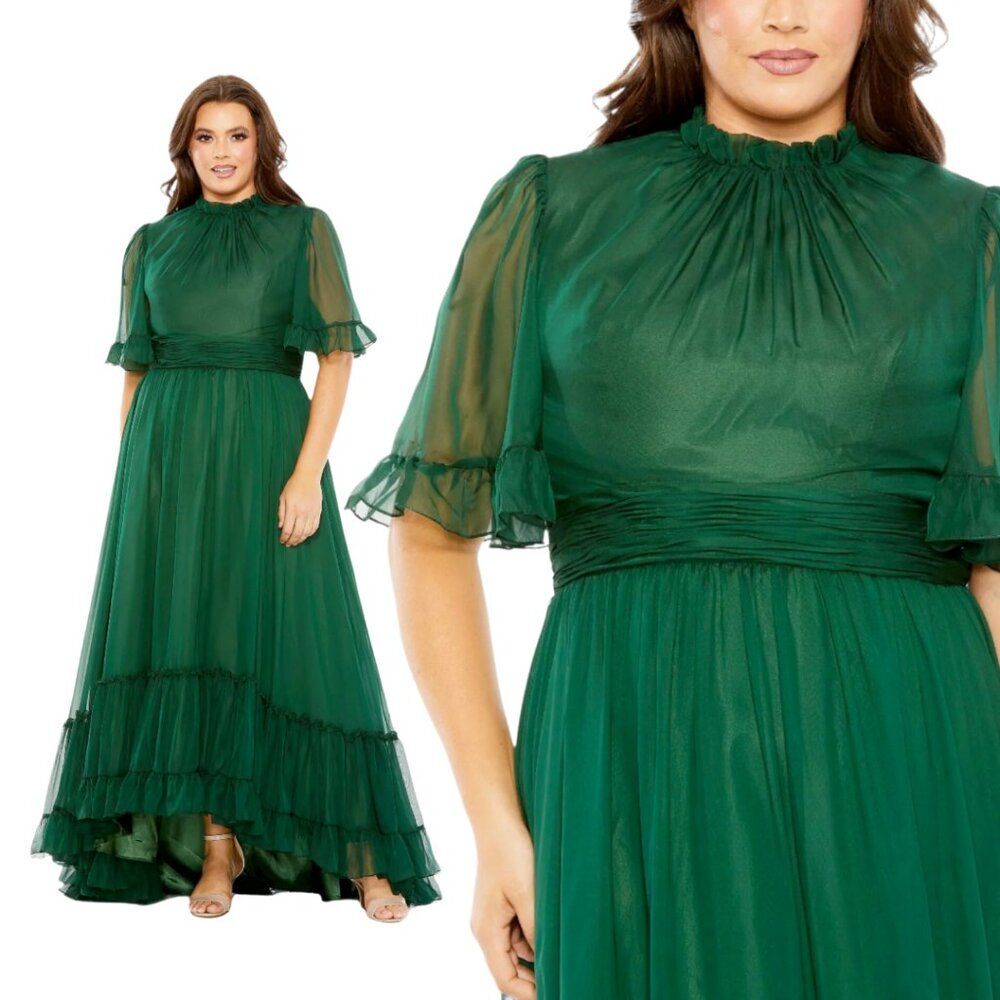 Mac Duggal 68427 Size 16W 16 Green High Neck Ruffle Tiered Long Maxi Gown Dress‎